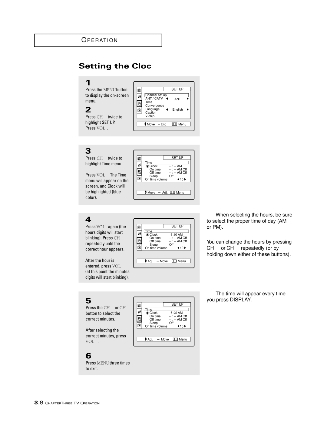 Samsung ST-54T6, ST-62T6 manual Setting the Clock, Press the CH or CH button to select the correct minutes 