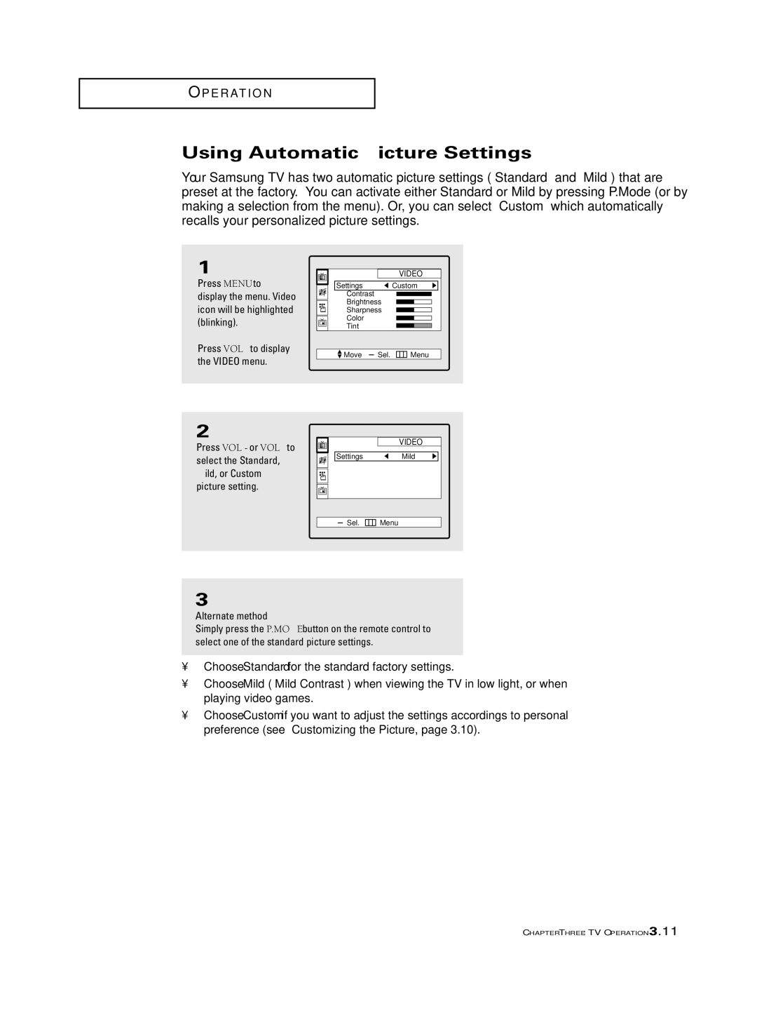 Samsung ST-54T6, ST-62T6 manual Using Automatic Picture Settings, Alternate method 