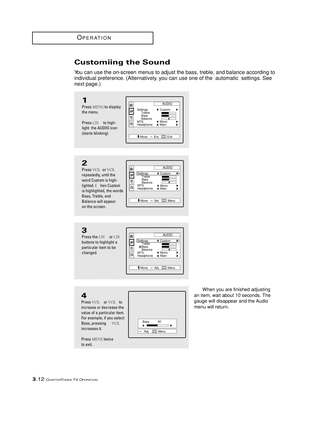 Samsung ST-54T6, ST-62T6 manual Customizing the Sound, Press Menu to display the menu 