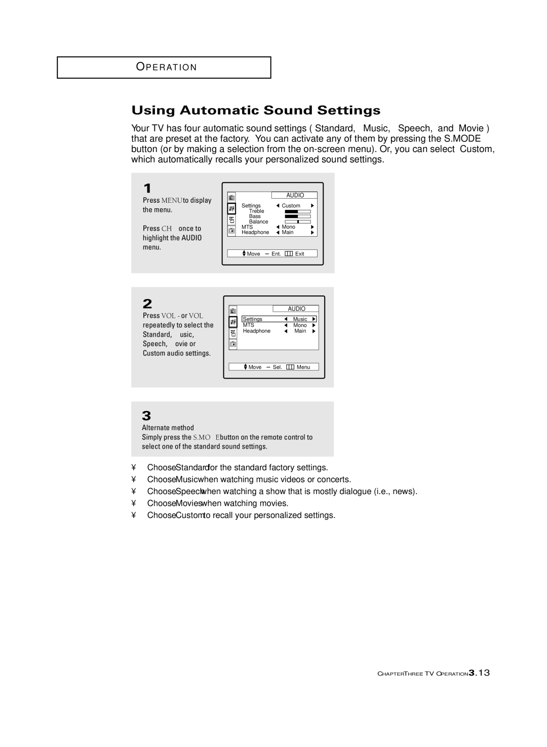 Samsung ST-54T6, ST-62T6 manual Using Automatic Sound Settings 