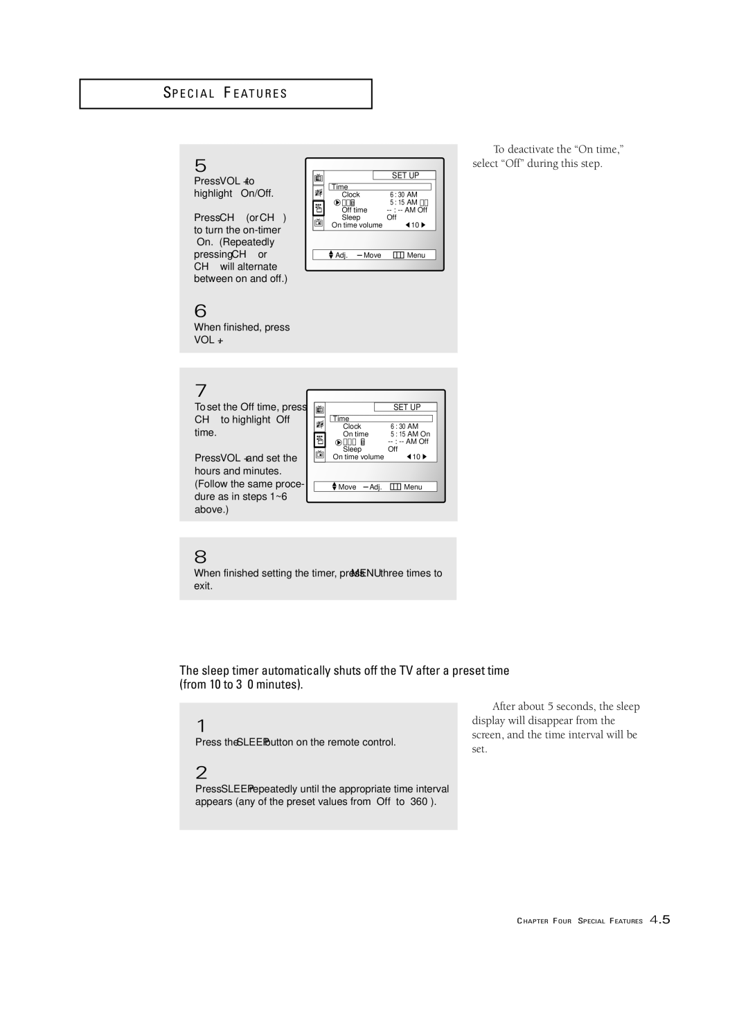 Samsung ST-54T6, ST-62T6 manual Setting the Sleep Timer 