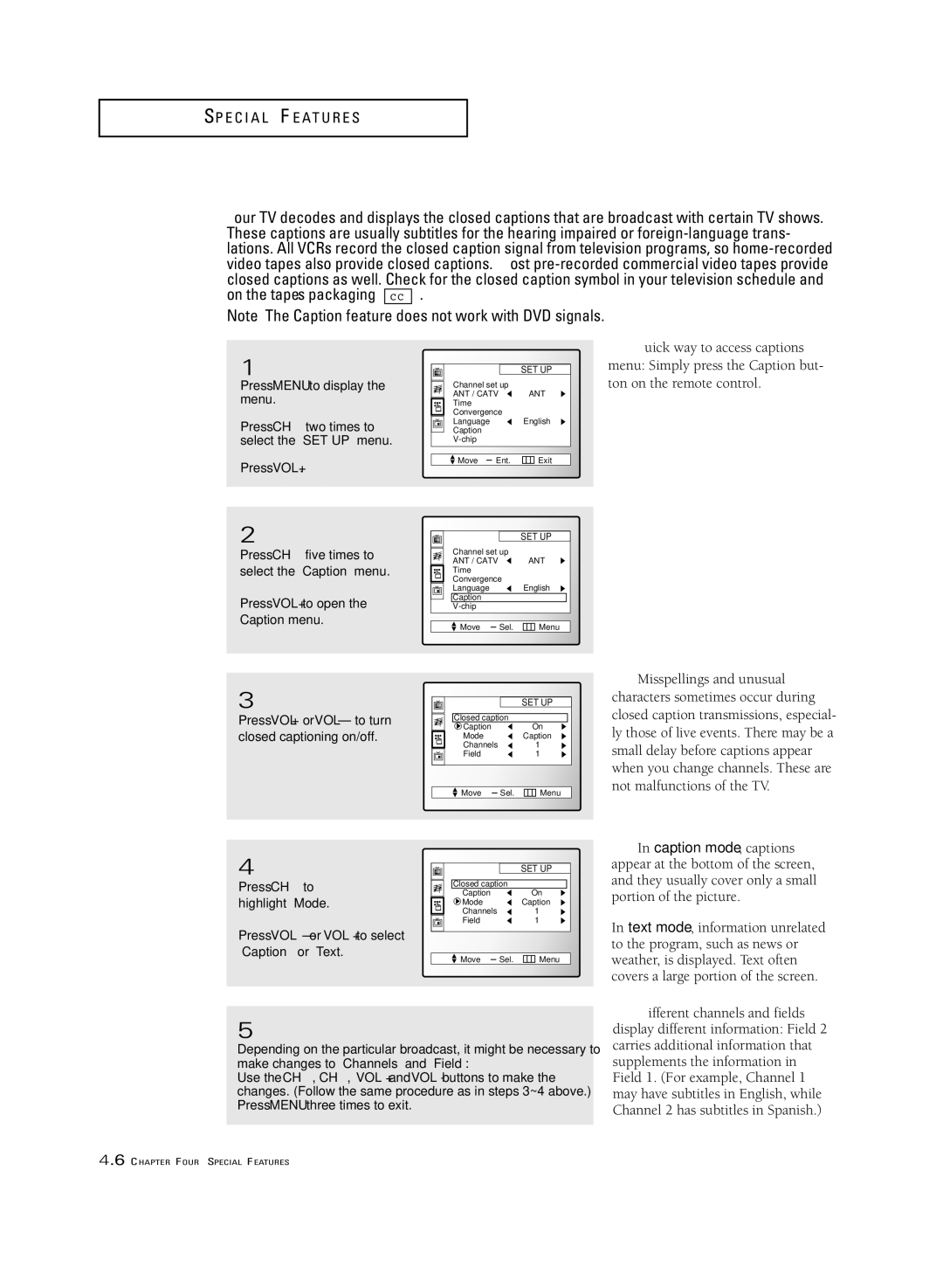 Samsung ST-54T6, ST-62T6 manual Viewing Closed Captions, Press VOL+ to open the Caption menu 