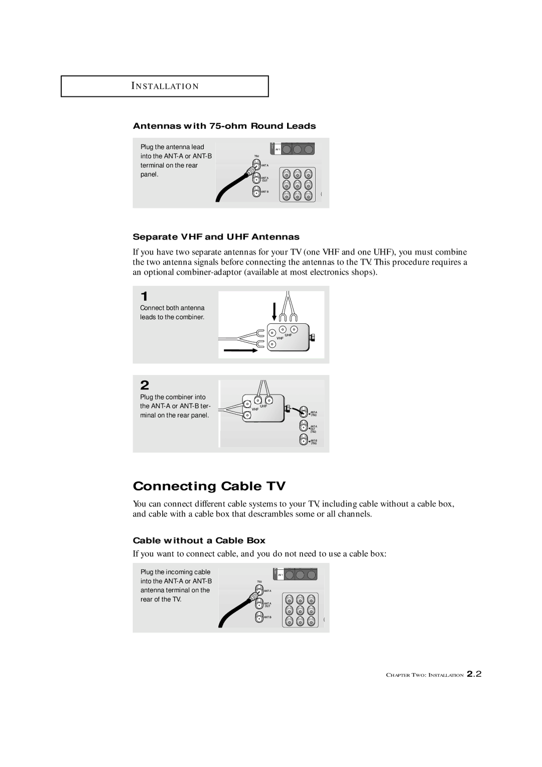 Samsung ST42W5P manual Connecting Cable TV, Antennas with 75-ohm Round Leads, Separate VHF and UHF Antennas 