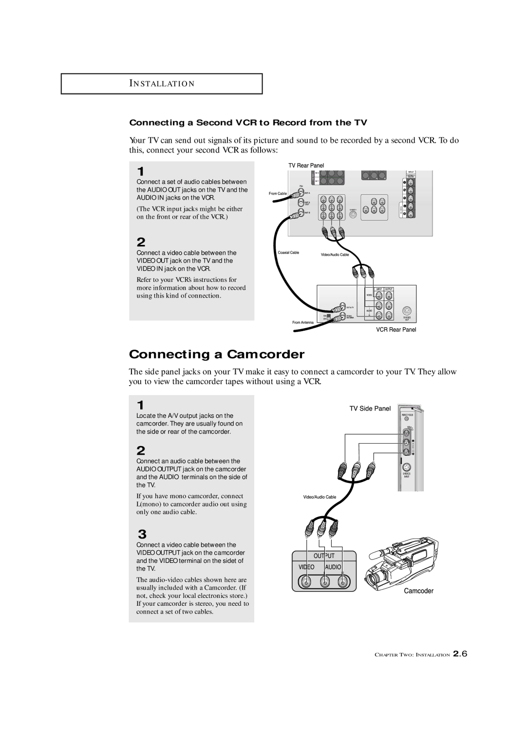 Samsung ST42W5P manual Connecting a Camcorder, Connecting a Second VCR to Record from the TV 