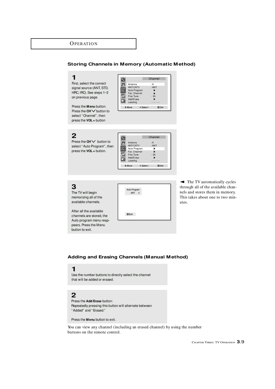 Samsung ST42W5P manual Storing Channels in Memory Automatic Method, TV automatically cycles 