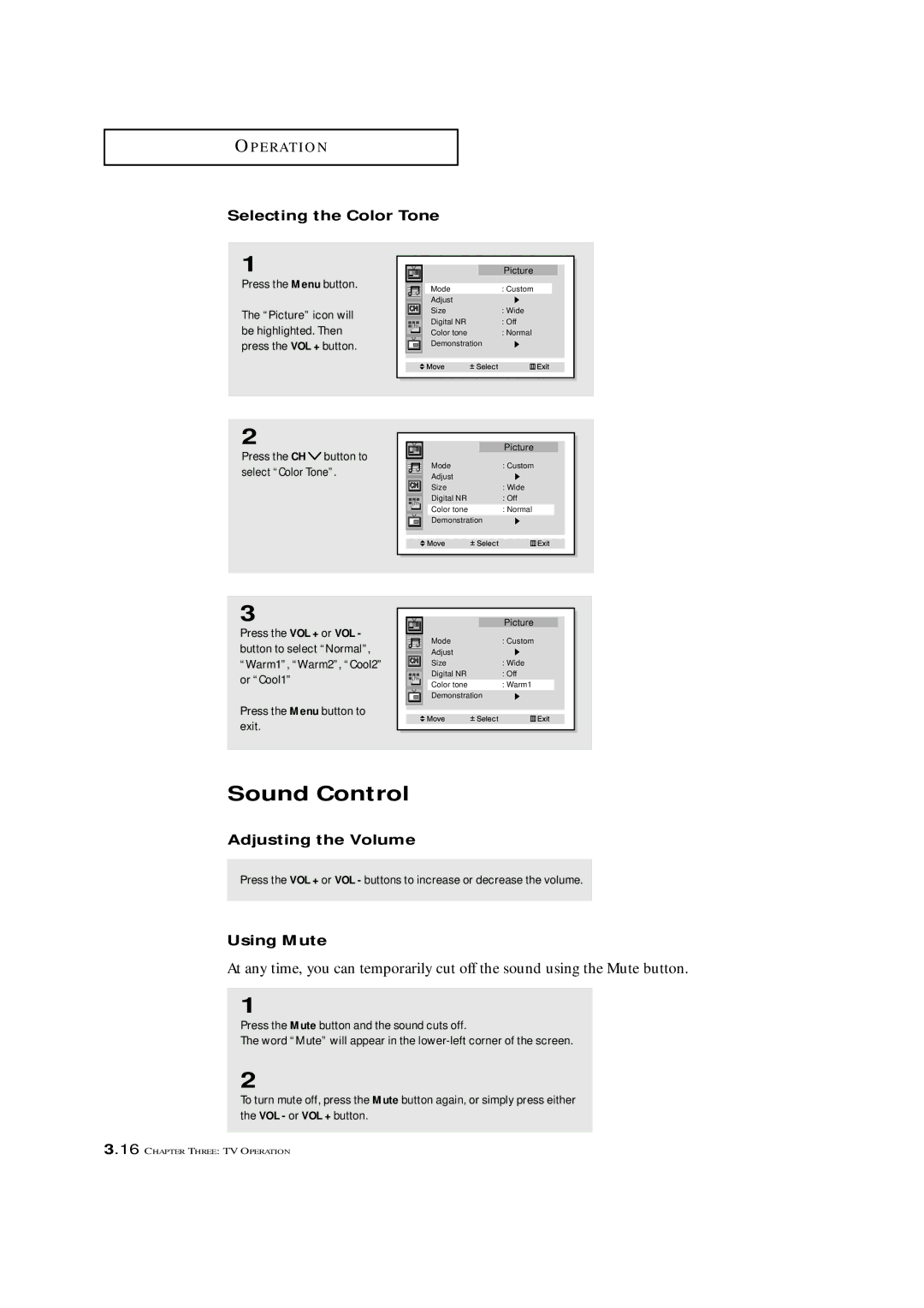 Samsung ST42W5P manual Sound Control, Selecting the Color Tone, Adjusting the Volume, Using Mute 