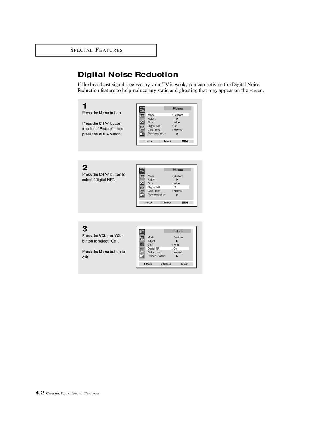 Samsung ST42W5P manual Digital Noise Reduction, Press the CH button to select Digital NR 