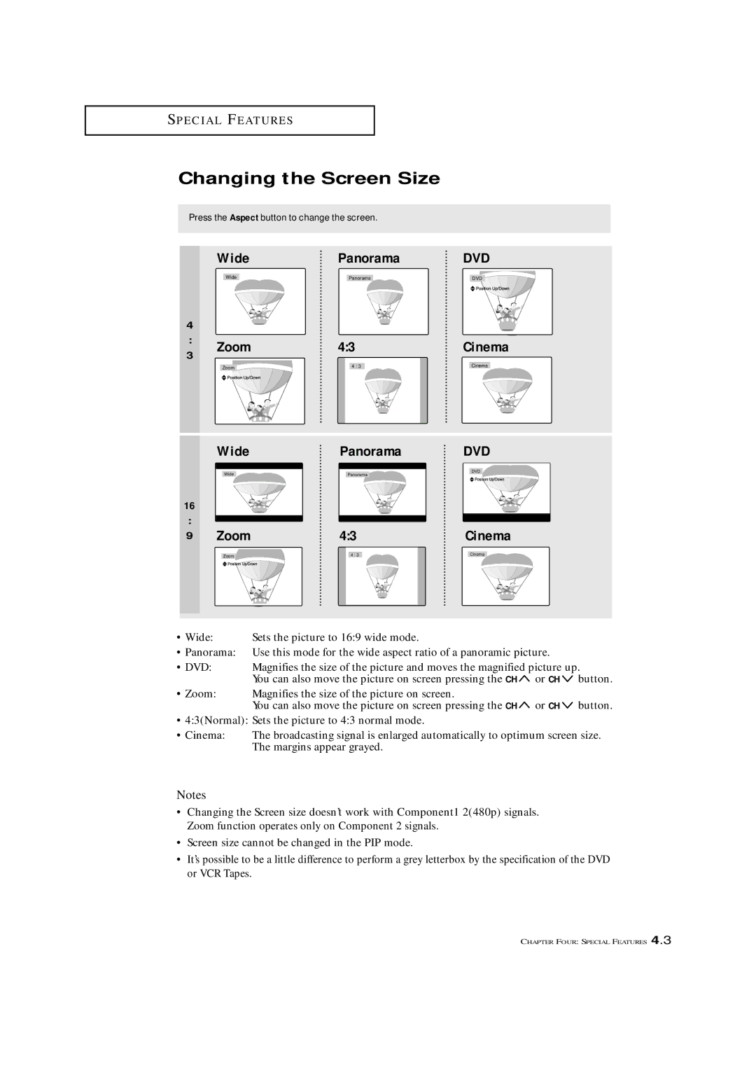 Samsung ST42W5P manual Changing the Screen Size, Cinema, Press the Aspect button to change the screen 