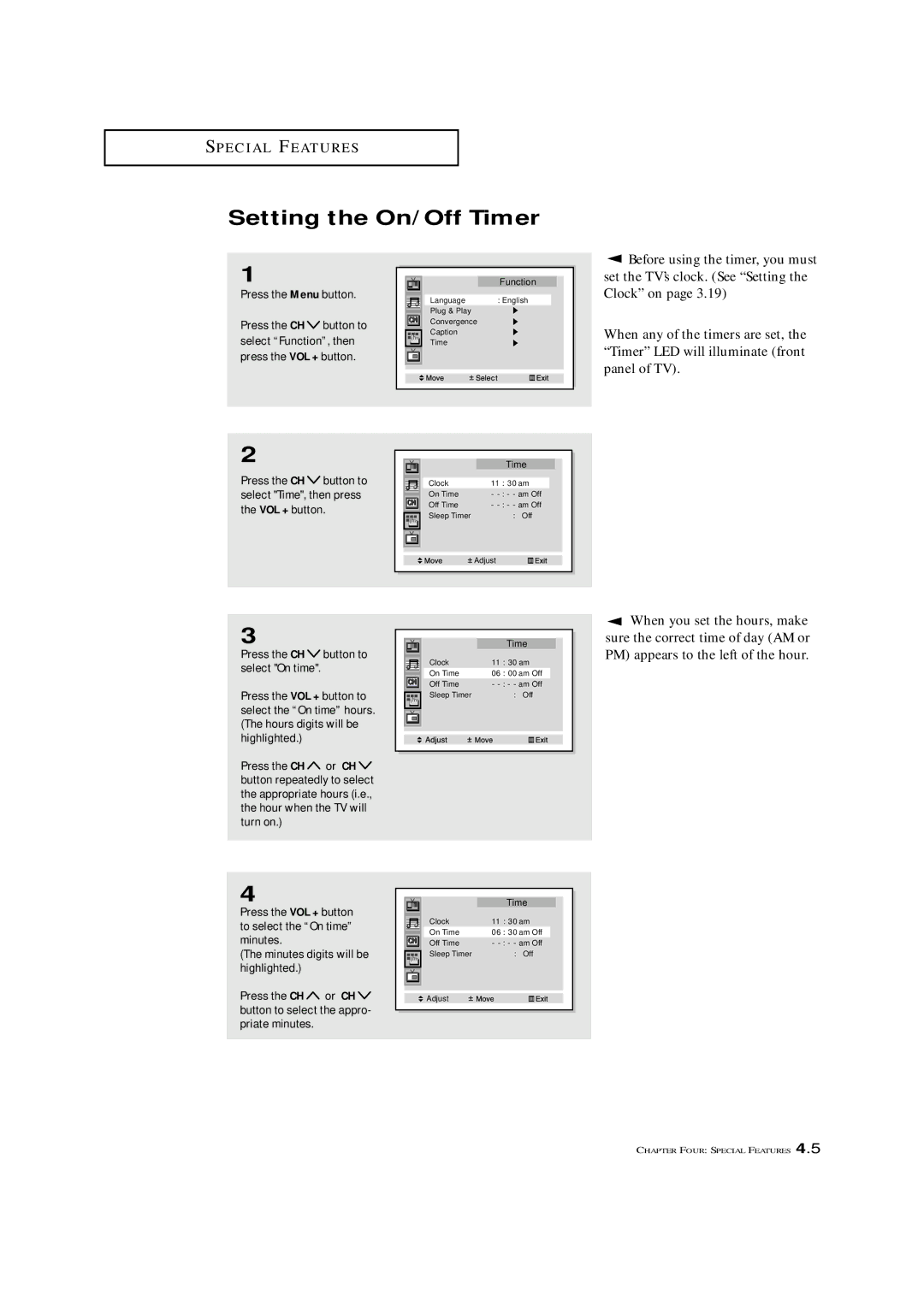 Samsung ST42W5P manual Setting the On/Off Timer, Before using the timer, you must 