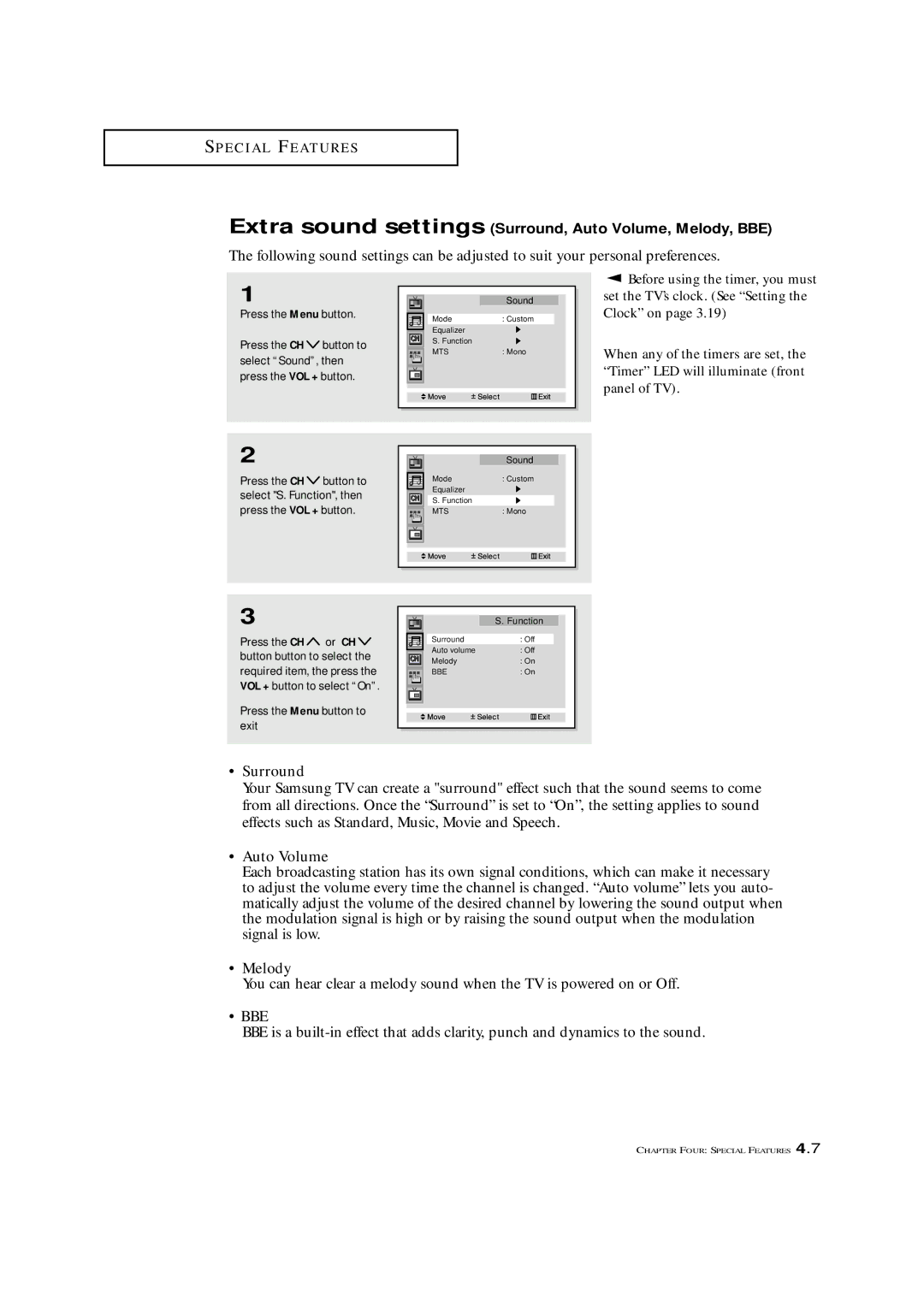 Samsung ST42W5P manual Extra sound settings Surround, Auto Volume, Melody, BBE 
