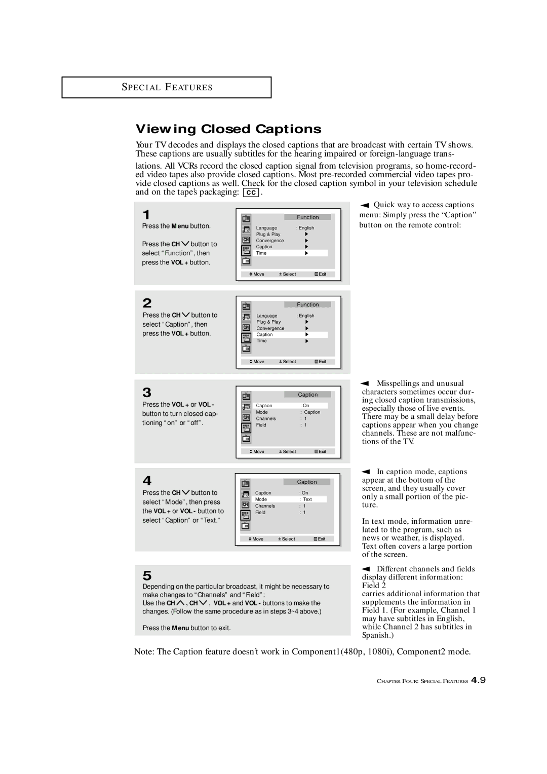 Samsung ST42W5P Viewing Closed Captions, Different channels and fields, Select Mode, then press, Select Caption or Text 