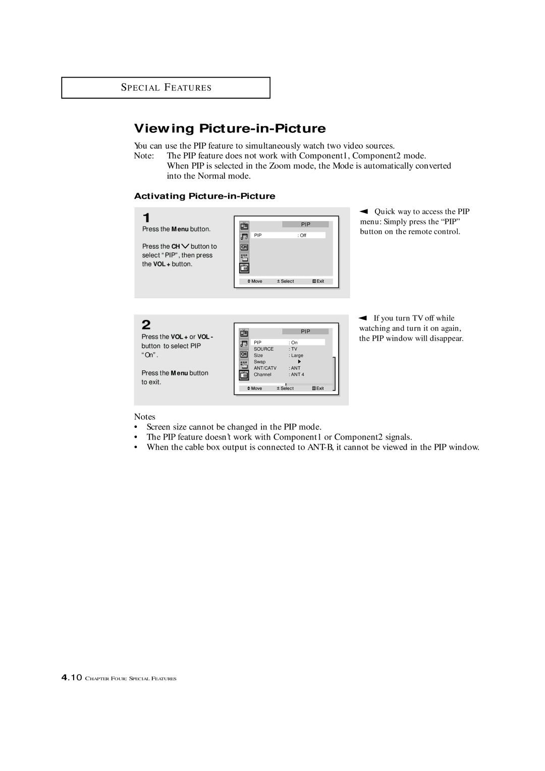 Samsung ST42W5P manual Viewing Picture-in-Picture, Activating Picture-in-Picture, Quick way to access the PIP 