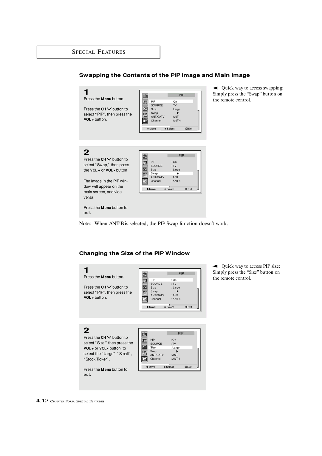 Samsung ST42W5P manual Swapping the Contents of the PIP Image and Main Image, Changing the Size of the PIP Window 