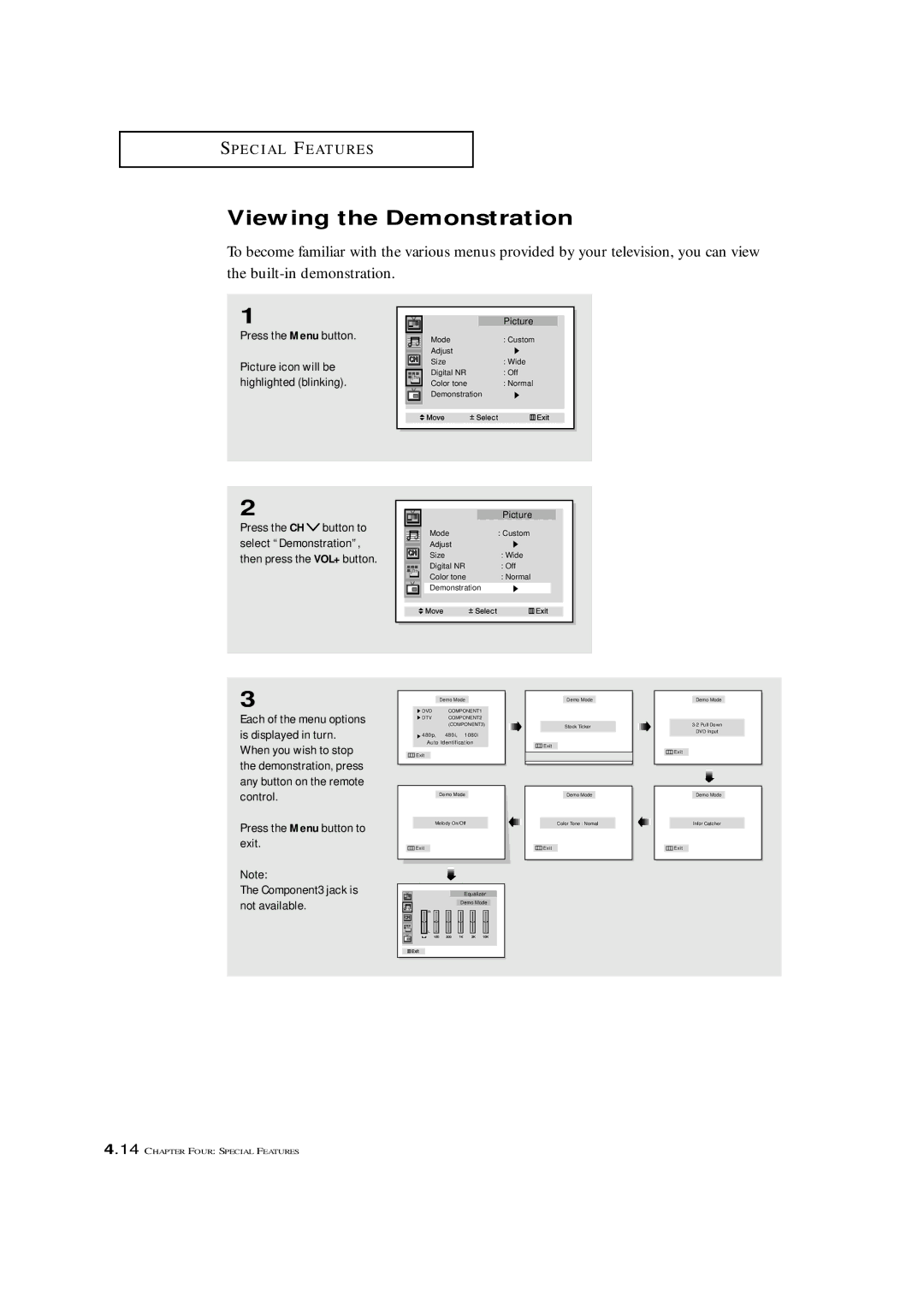 Samsung ST42W5P manual Viewing the Demonstration, Picture icon will be, Highlighted blinking, Select Demonstration 