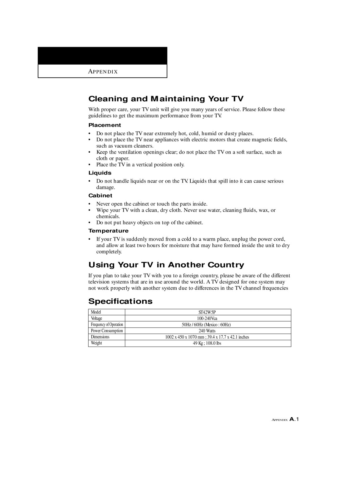 Samsung ST42W5P manual Cleaning and Maintaining Your TV, Using Your TV in Another Country, Specifications 