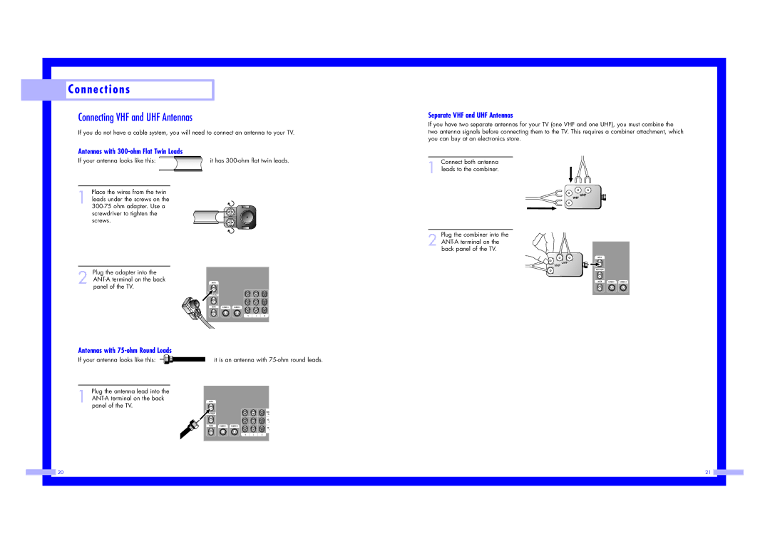 Samsung ST43L2HD N n e c t i o n s, Connecting VHF and UHF Antennas, Antennas with 300-ohm Flat Twin Leads 