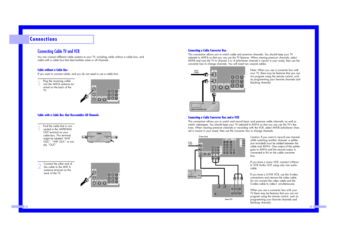 Samsung ST43L2HD Connecting Cable TV and VCR, Cable without a Cable Box, Connecting a Cable Converter Box 