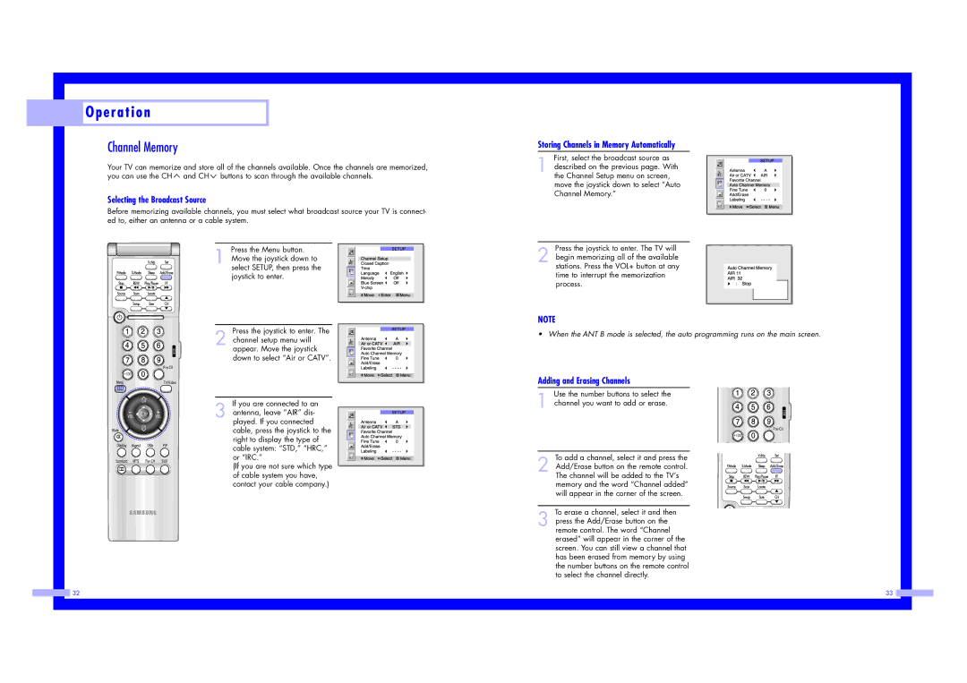 Samsung ST43L2HD Channel Memory, Selecting the Broadcast Source, Storing Channels in Memory Automatically 