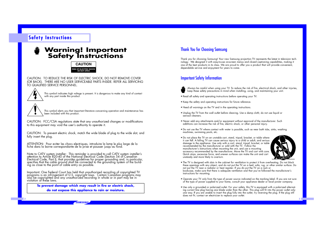 Samsung ST43L2HD instruction manual Safety Instructions, Thank You for Choosing Samsung, Important Safety Information 