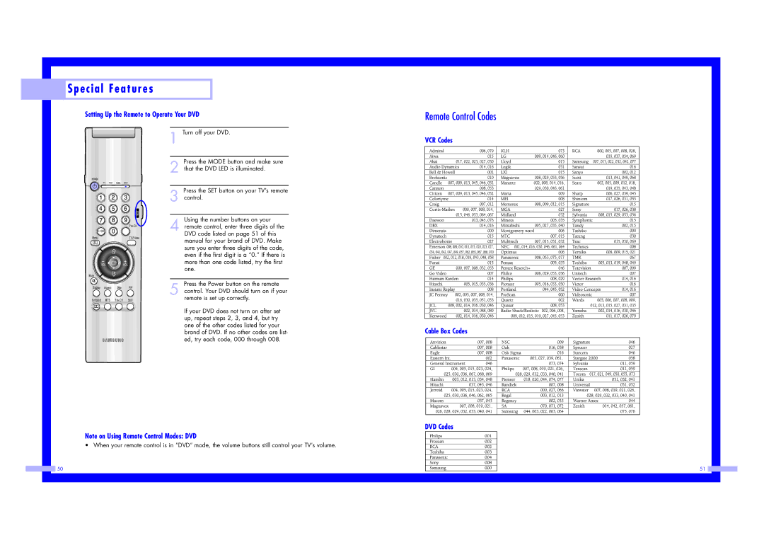 Samsung ST43L2HD Remote Control Codes, Setting Up the Remote to Operate Your DVD, VCR Codes Cable Box Codes DVD Codes 