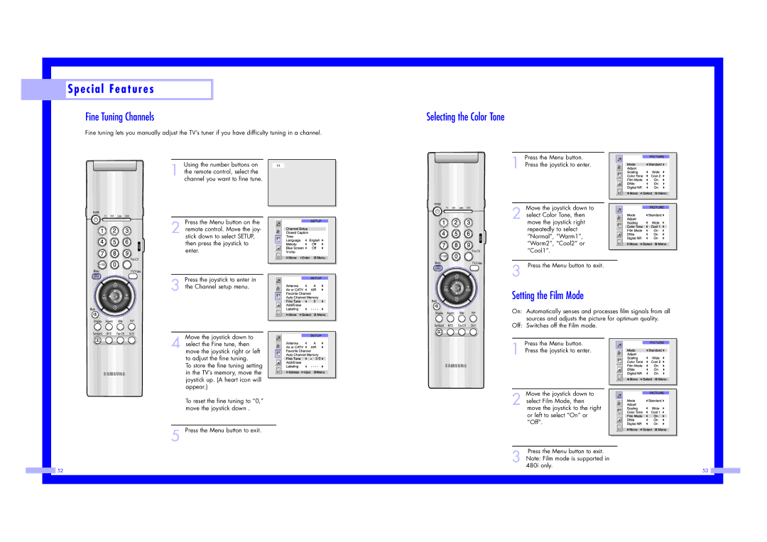 Samsung ST43L2HD instruction manual Fine Tuning Channels, Selecting the Color Tone, Setting the Film Mode, 480i only 