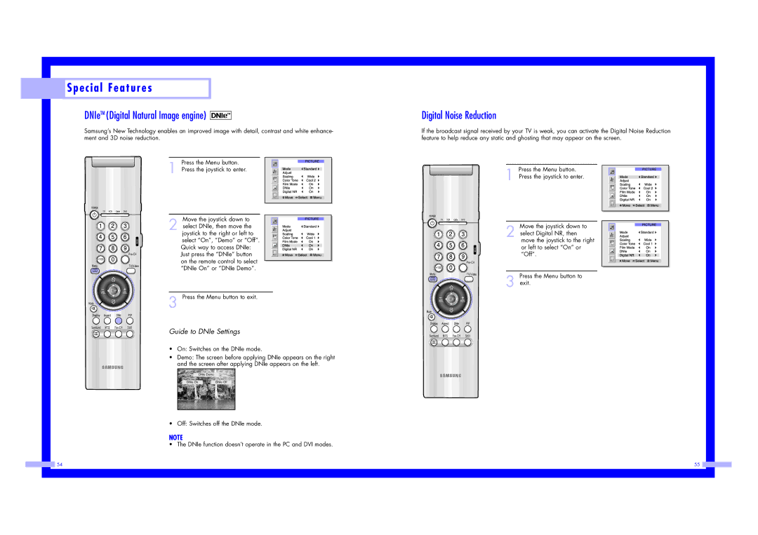 Samsung ST43L2HD DNIeTM Digital Natural Image engine, Digital Noise Reduction, On Switches on the DNIe mode 