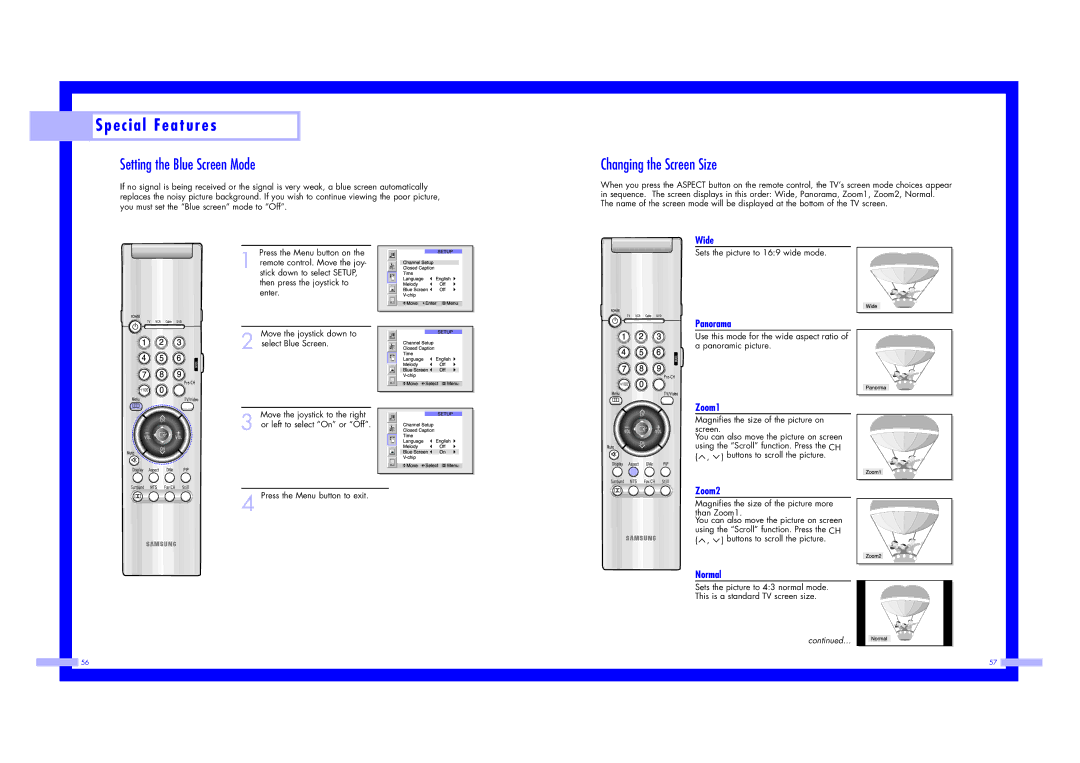 Samsung ST43L2HD instruction manual Setting the Blue Screen Mode, Changing the Screen Size 