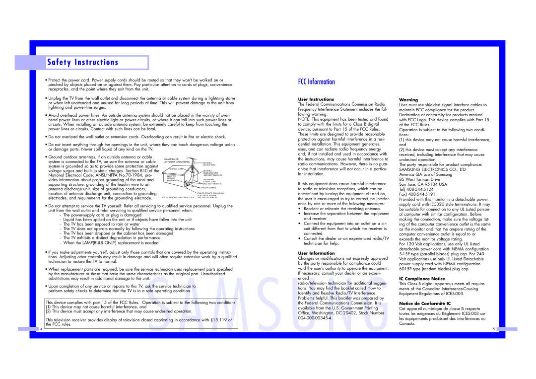 Samsung ST43L2HD instruction manual FCC Information 