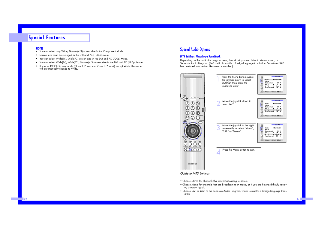 Samsung ST43L2HD instruction manual Special Audio Options, MTS Settings Choosing a Soundtrack 