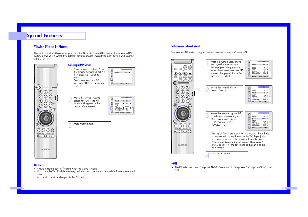 Samsung ST43L2HD instruction manual Viewing Picture-in-Picture, Selecting a PIP Screen, Selecting an External Signal 