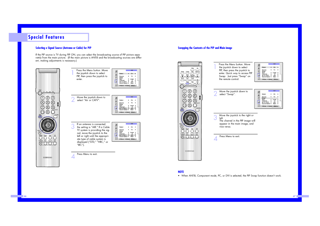 Samsung ST43L2HD Selecting a Signal Source Antenna or Cable for PIP, Swapping the Contents of the PIP and Main image 