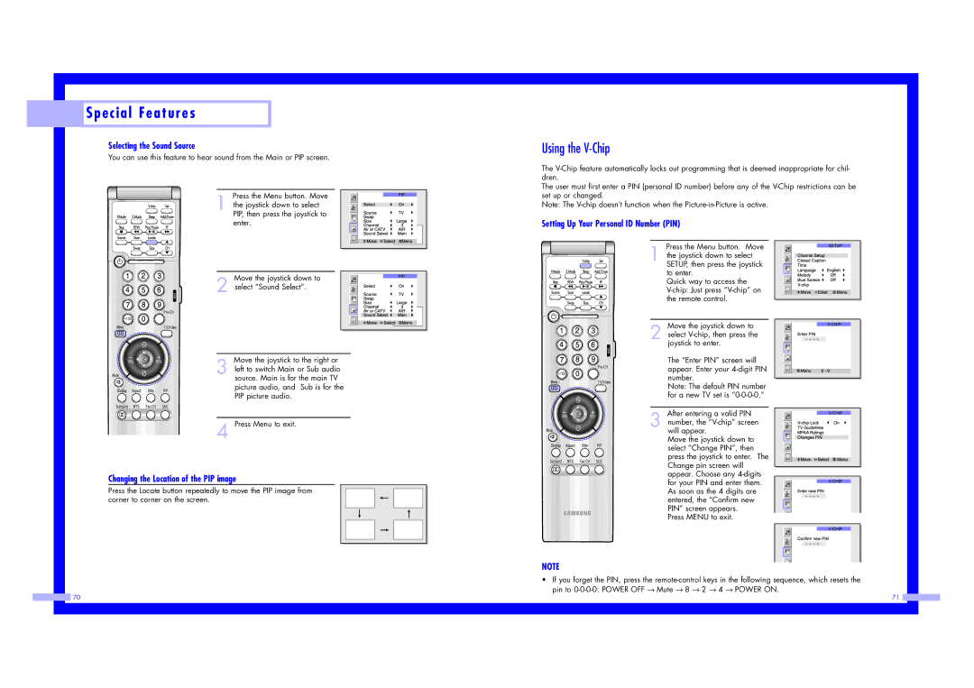 Samsung ST43L2HD instruction manual Using the V-Chip, Selecting the Sound Source, Changing the Location of the PIP image 