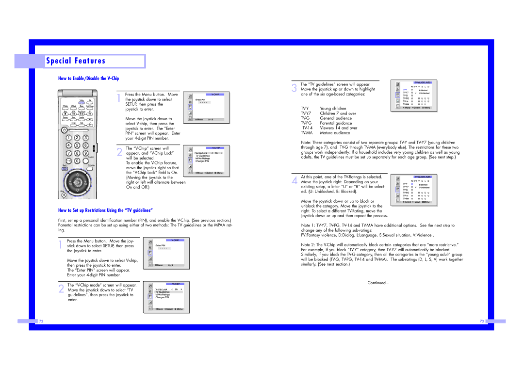 Samsung ST43L2HD instruction manual How to Enable/Disable the V-Chip, How to Set up Restrictions Using the TV guidelines 