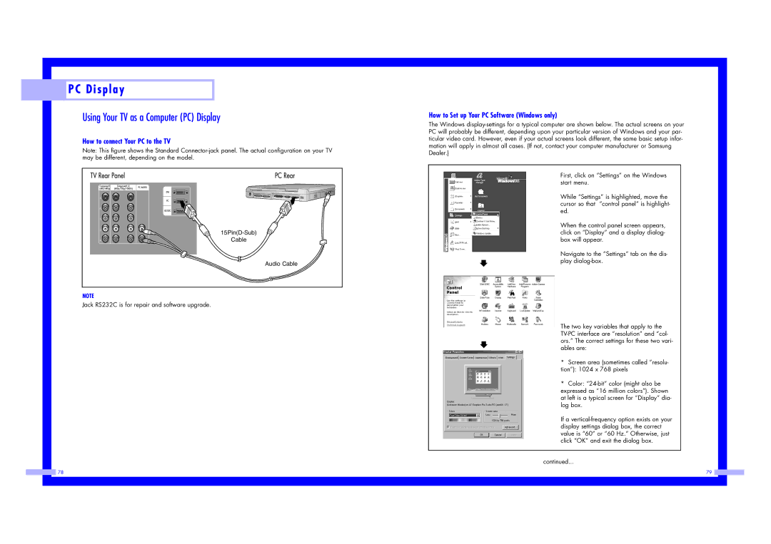 Samsung ST43L2HD instruction manual D i s p l a y, Using Your TV as a Computer PC Display, How to connect Your PC to the TV 