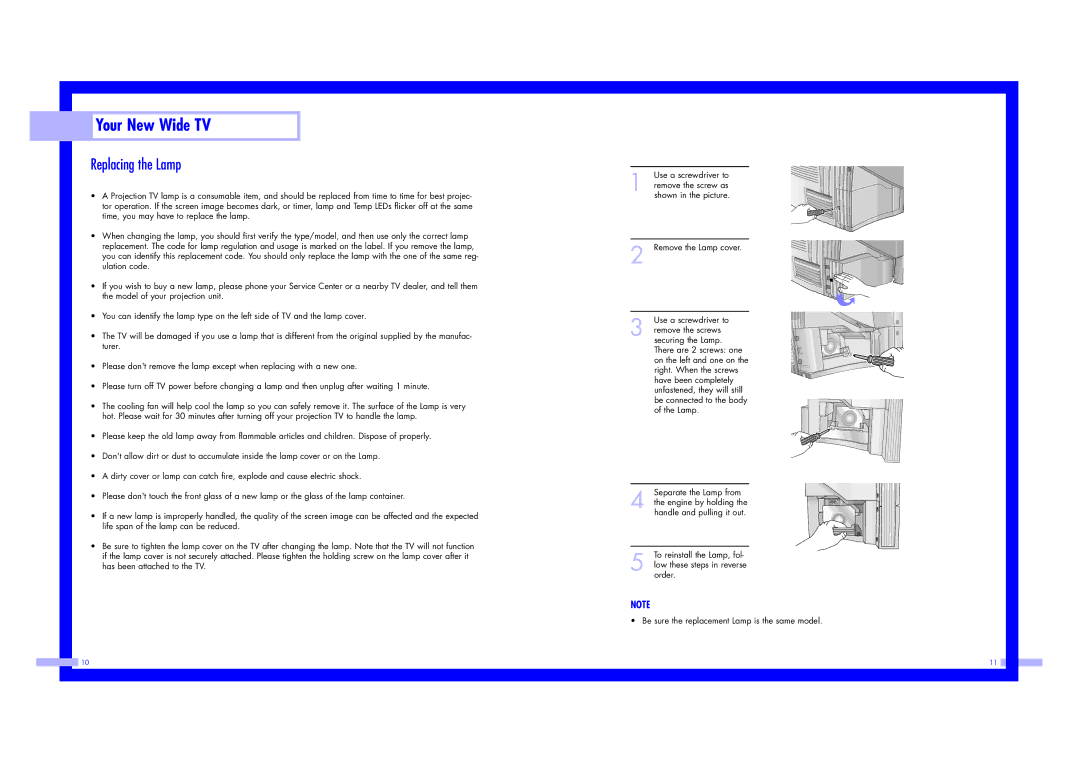 Samsung ST43L2HD instruction manual Your New Wide TV, Replacing the Lamp, Remove the Lamp cover Use a screwdriver to 