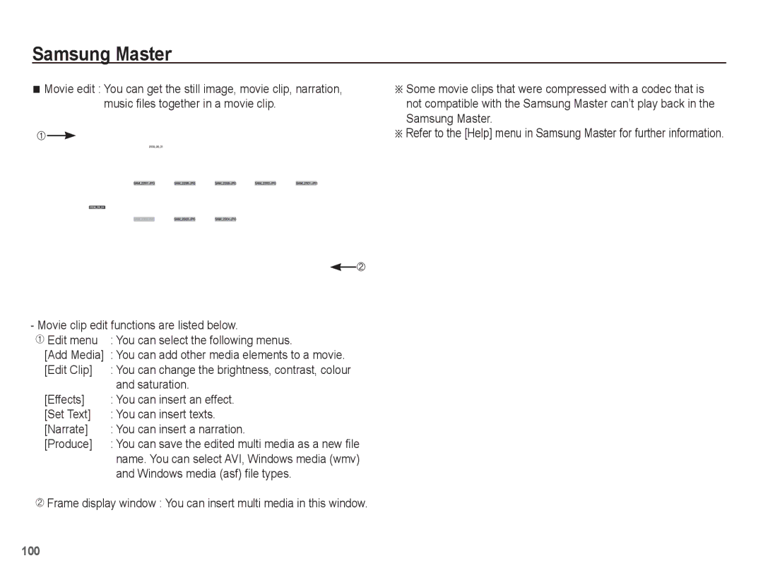 Samsung ST45 manual Edit Clip, Saturation, Windows media asf file types, Add Media 