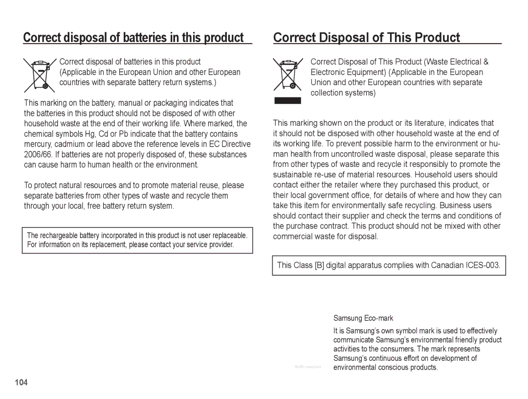 Samsung ST45 manual Correct Disposal of This Product, Correct disposal of batteries in this product 