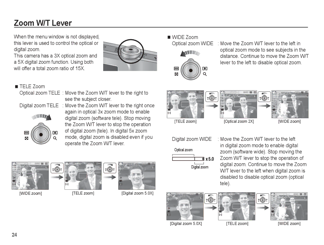 Samsung ST45 manual Zoom W/T Lever, Digital zoom Wide 