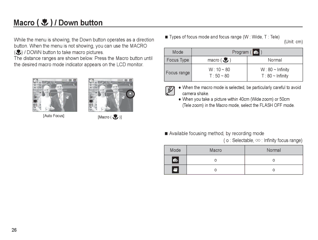 Samsung ST45 manual Macro / Down button, Down button to take macro pictures, Available focusing method, by recording mode 