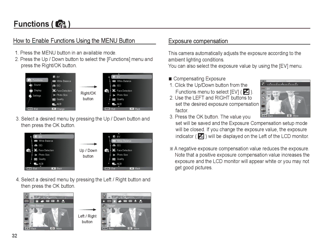 Samsung ST45 manual How to Enable Functions Using the Menu Button, Exposure compensation 