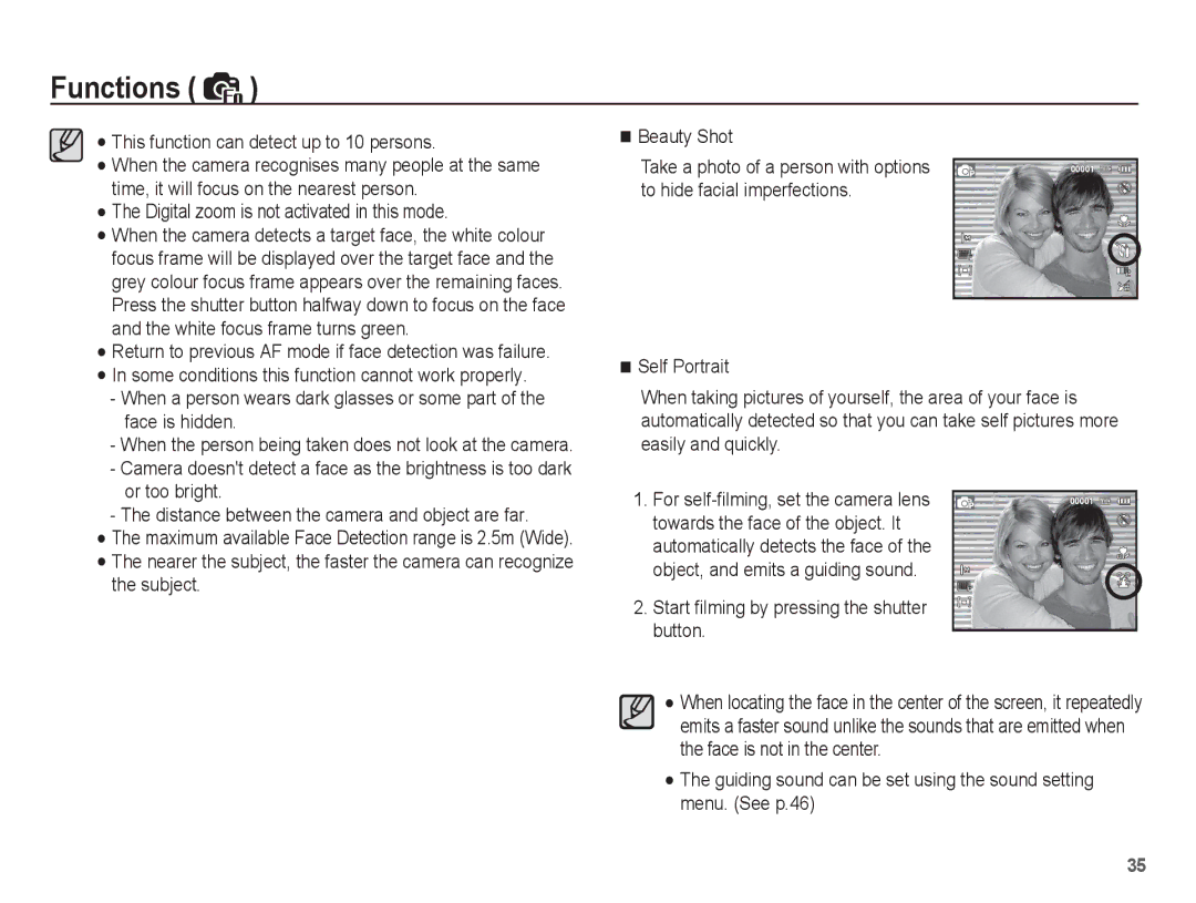 Samsung ST45 manual This function can detect up to 10 persons, Digital zoom is not activated in this mode 