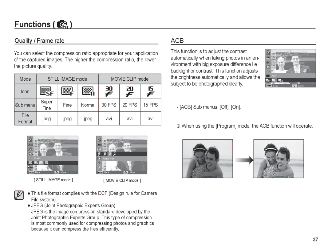 Samsung ST45 manual Quality / Frame rate, ACB Sub menus Off, On, Mode Still Image mode, Fine, Jpeg 