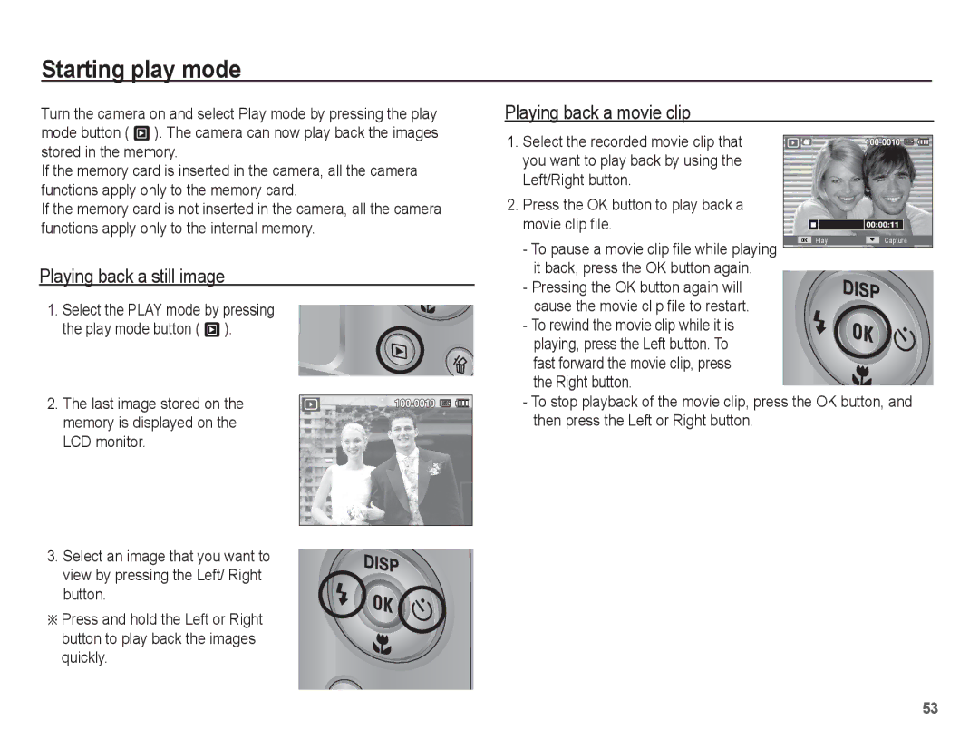 Samsung ST45 Starting play mode, Playing back a still image, Playing back a movie clip, It back, press the OK button again 