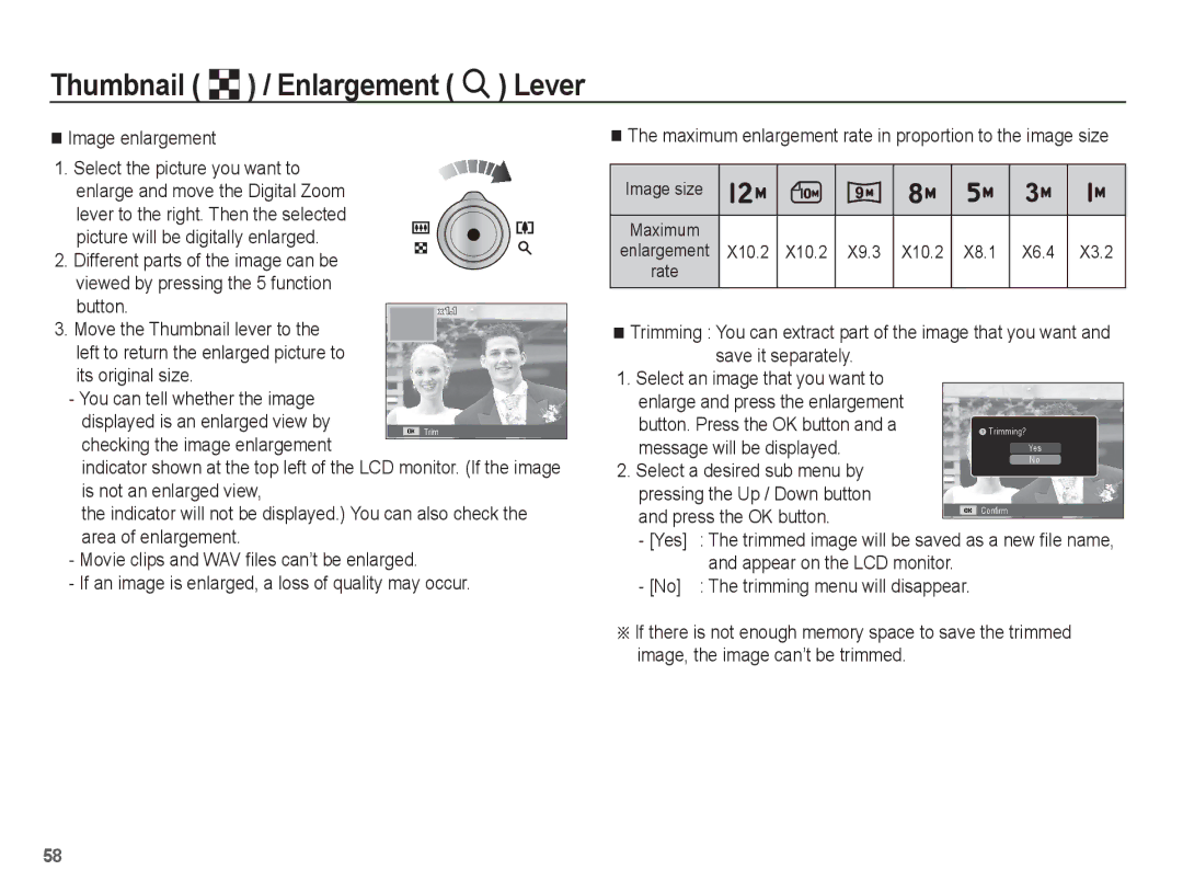 Samsung ST45 Image enlargement, Button. Press the OK button and a, Message will be displayed, Select a desired sub menu by 