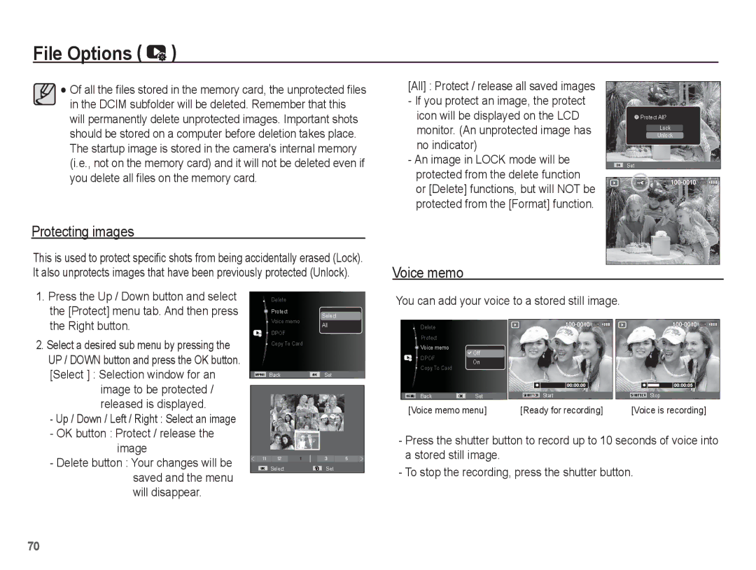 Samsung ST45 Protecting images, You can add your voice to a stored still image, OK button Protect / release the image 