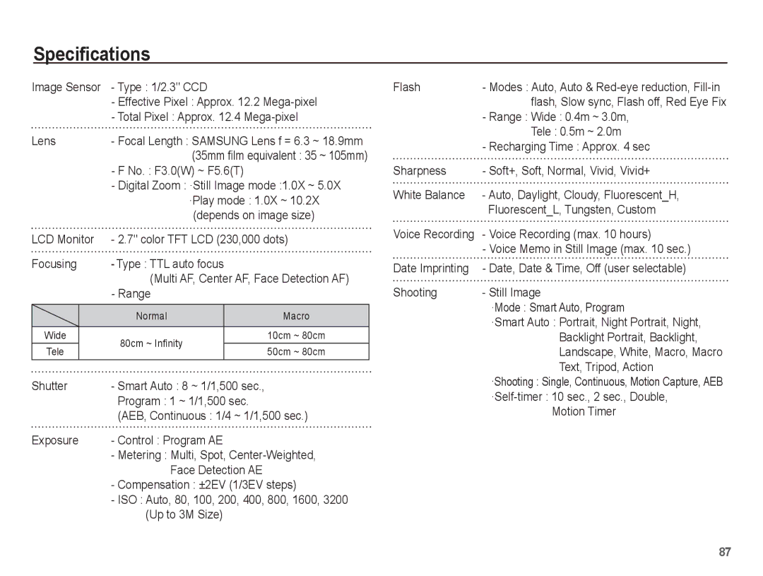 Samsung ST45 manual Specifications 