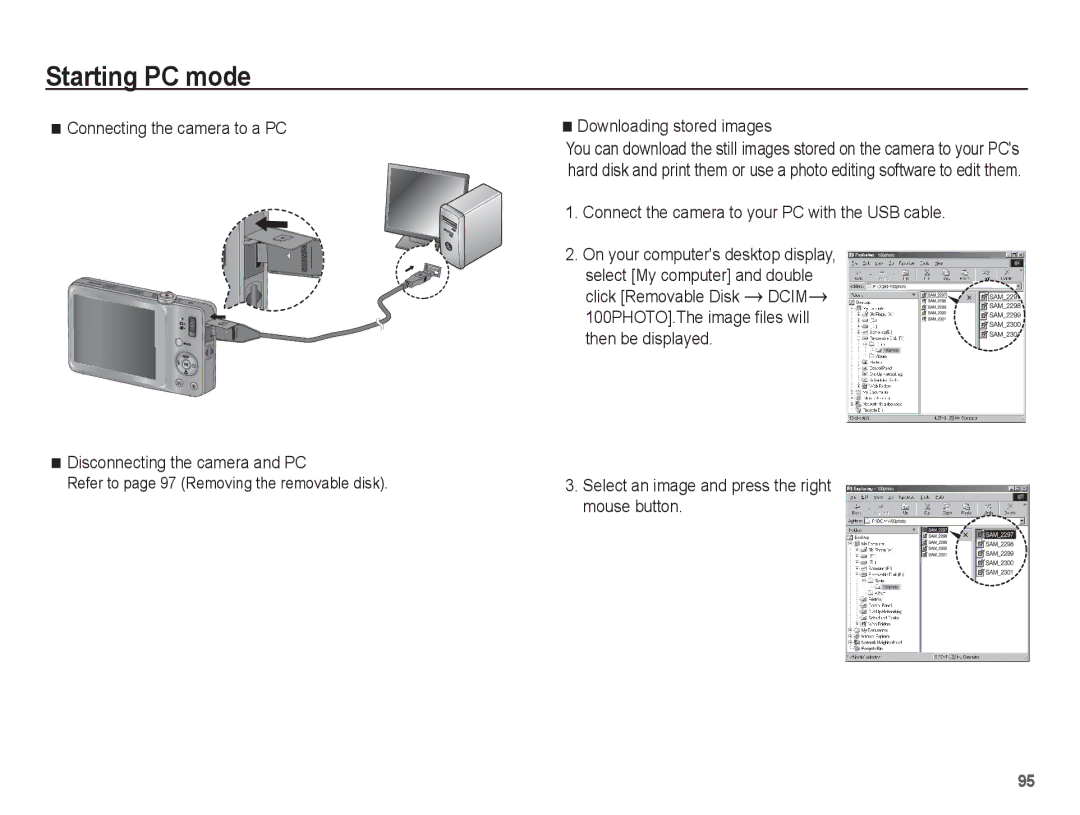 Samsung ST45 manual Downloading stored images, Connect the camera to your PC with the USB cable 