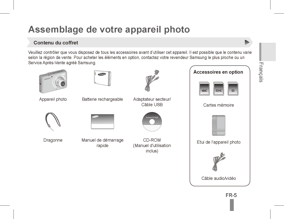 Samsung ST50 quick start manual Assemblage de votre appareil photo, FR-5, Contenu du coffret, Accessoires en option 