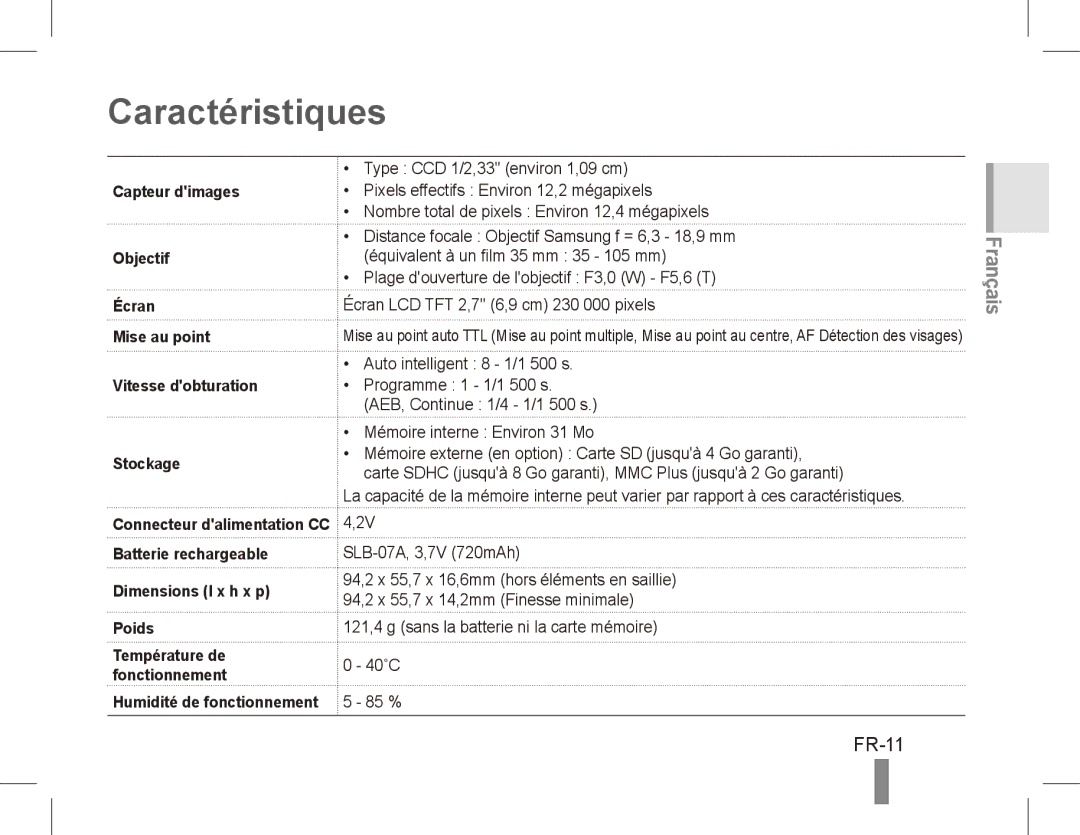 Samsung ST50 quick start manual Caractéristiques, FR-11 