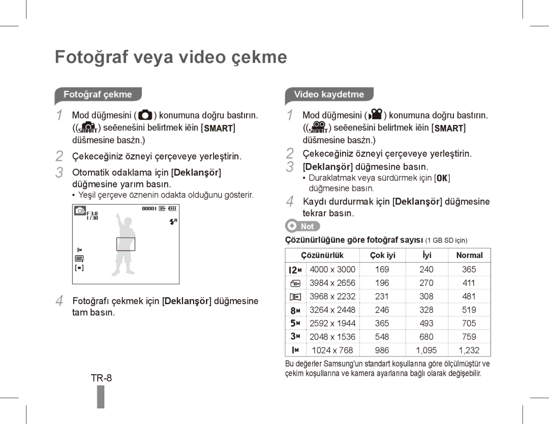 Samsung ST50 quick start manual Fotoğraf veya video çekme, TR-8, Video kaydetme 